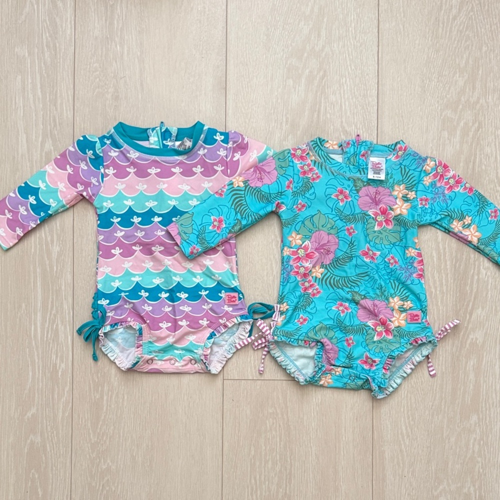 Ruffle Butts Kids Swim One Piece Rashguard Pink and Blue Set of 2